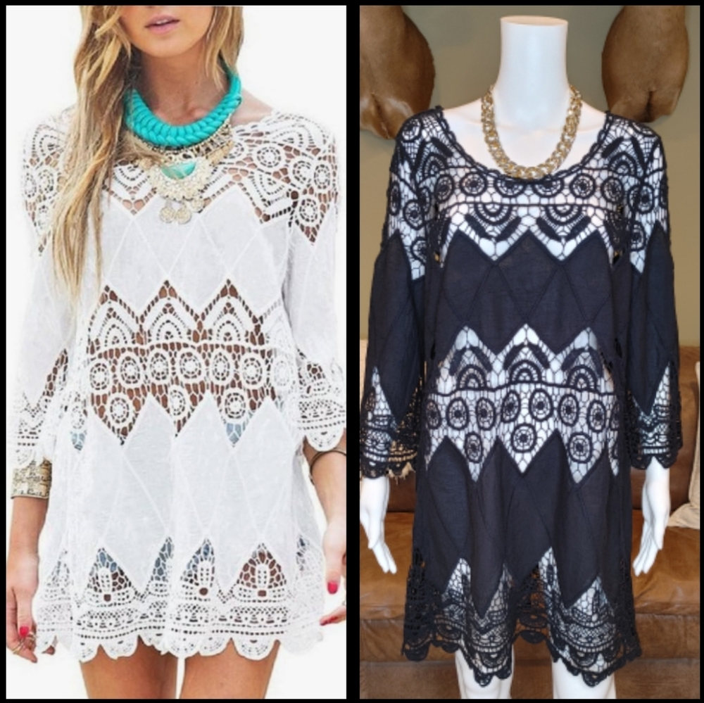 Crochet Tunic Cover Up/Beach Dress, Black L